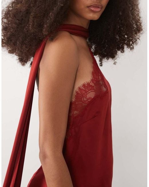 Mango Red Capsule Satin One Shoulder Maxi Dress With Lace Detail