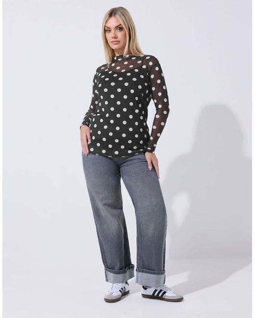 Yours Clothing Black Polka Dot Mesh Top