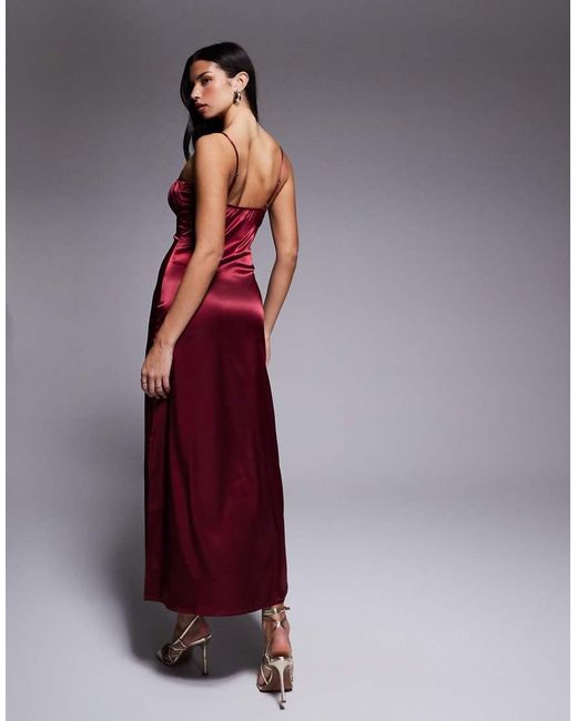 Brave Soul Red Satin Strappy Maxi Dress With Lace Detail