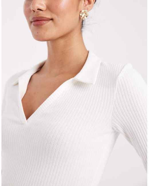 Miss Selfridge White Rib Long Sleeve Polo Top