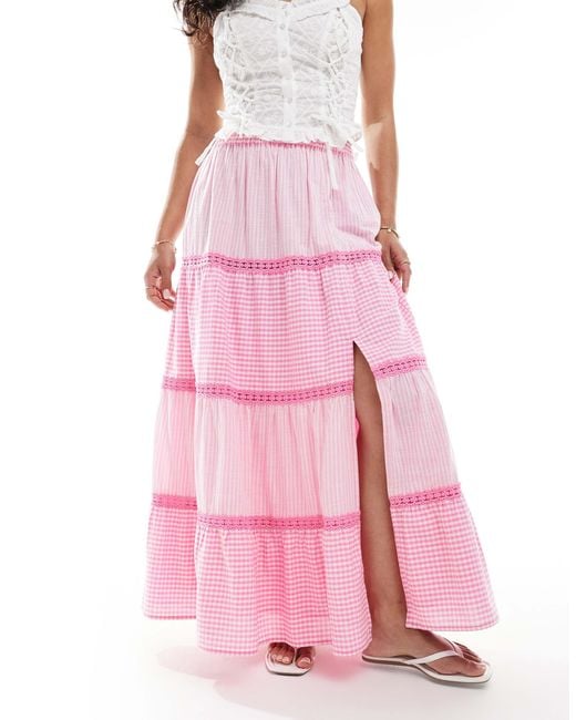 Miss Selfridge Pink – maxirock mit vichy-karo- und streifenmix