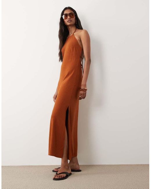 Miss Selfridge Brown Linen Look Halter Maxi Dress