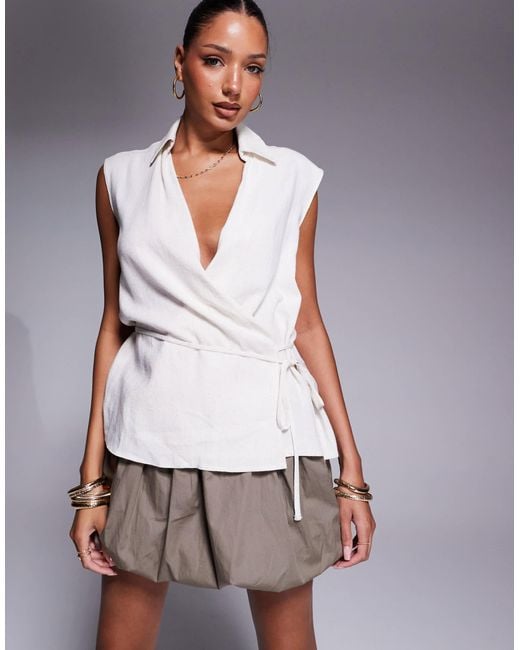 ASOS Gray Linen Blend Wrap Over Sleeveless Blouse
