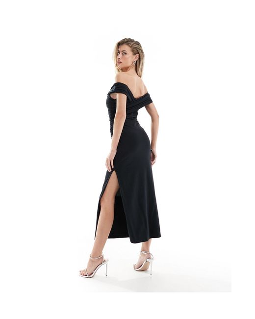 Abercrombie & Fitch Black Off The Shoulder Double Layered Midi Dress With Side Split
