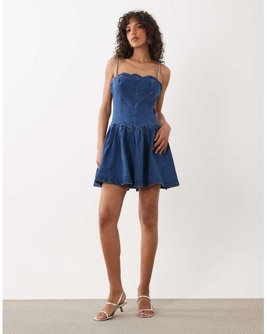 River Island Blue Diamante Scallop Detail Mini Dress