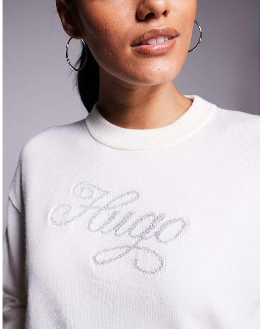 HUGO White Slogix Script Logo Knit Jumper