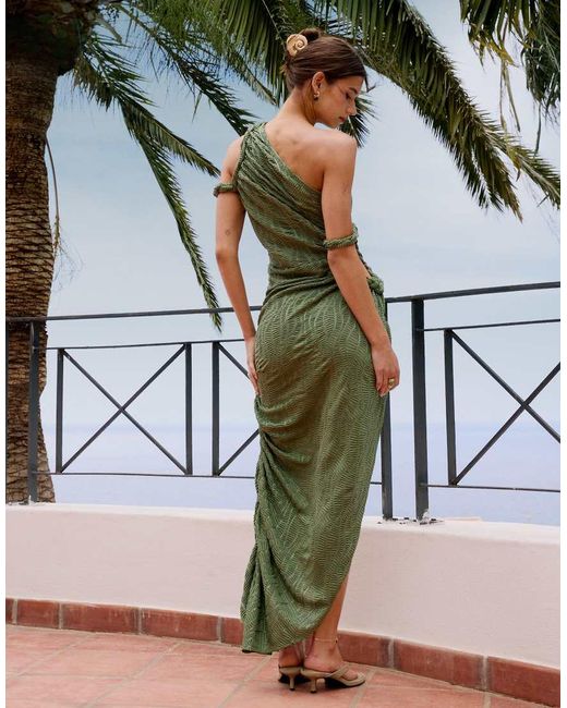 ASOS Green Ruched Asymmetric Textured Midi Dress With Twisted Strapping Details