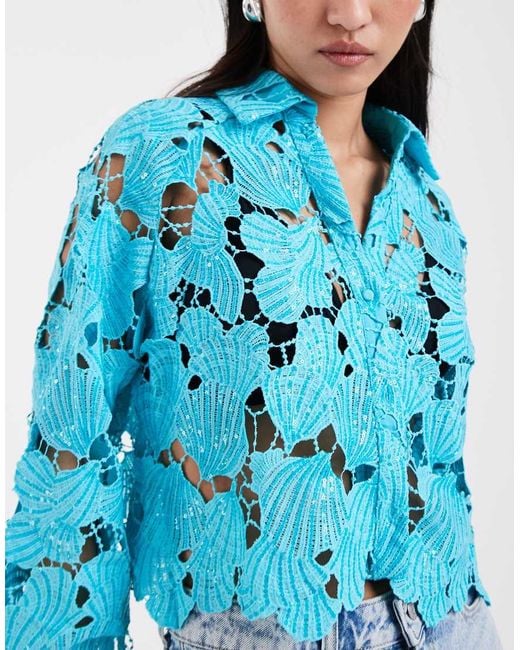 River Island Blue Cutwork Sequin Shirt Co-Ord