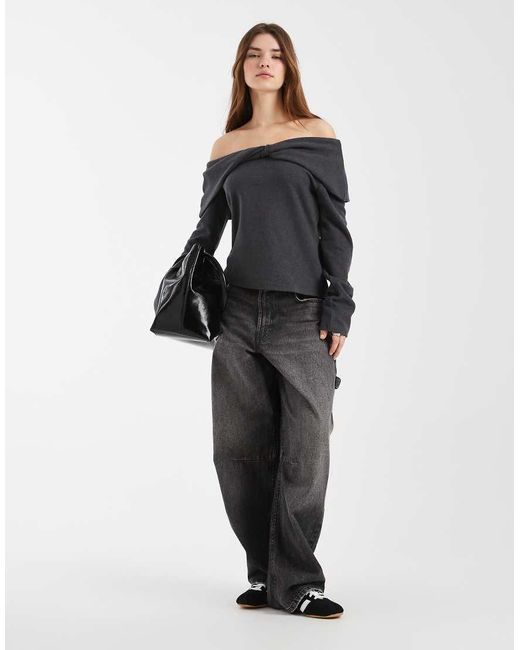 ASOS Black Folded Over Shoulder Long Sleeve Ribbed Top