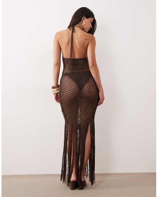 Kaiia Brown Exclusive Premium Halterneck Crochet Tassel Hem Maxi Dress