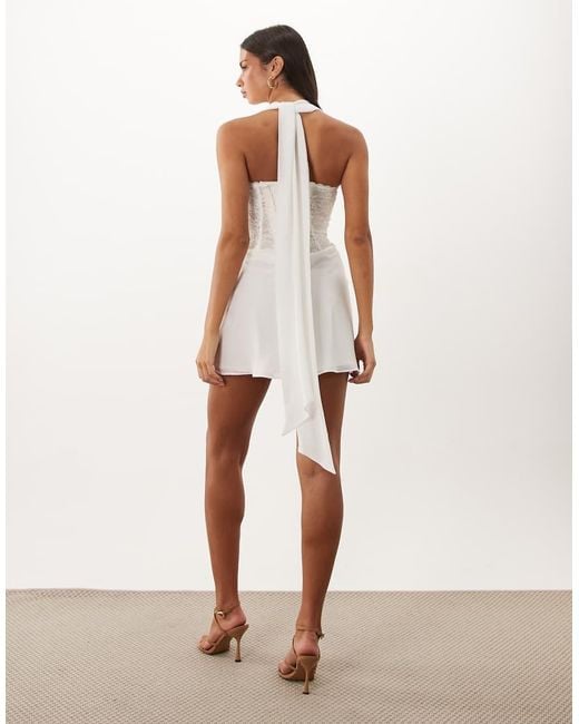 Oh Polly White Chiffon Halter Neck Embellished Lace Corset Mini Dress