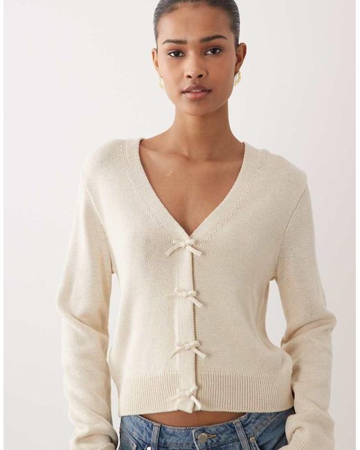 Mango Blue V Neck Jumper With Bow Detail