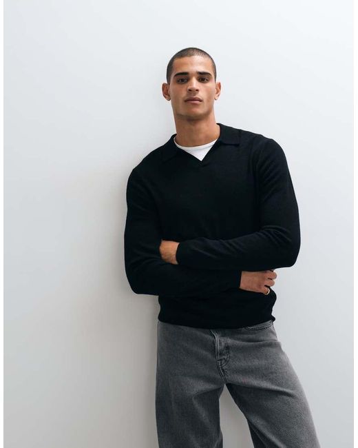 ASOS Black Knitted Long Sleeve Pure Merino Wool Notch Neck Polo for men