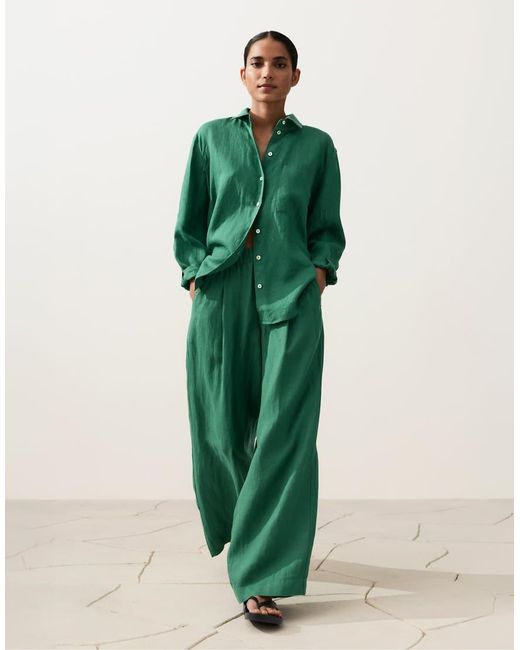 Oysho Green 100% Linen Wide Leg Trousers