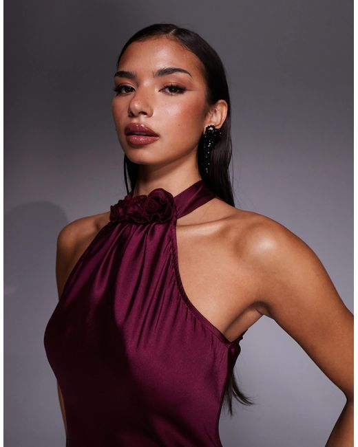 New Look Purple Satin Corsage Detail Halterneck Midi Dress