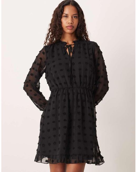 Vila Black Dobby Mesh Long Sleeve Mini Dress
