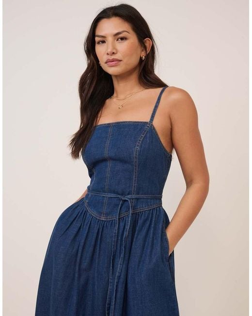 Nobody's Child Blue Jones Bodice Detailing Ruched Skirt Denim Midi Dress
