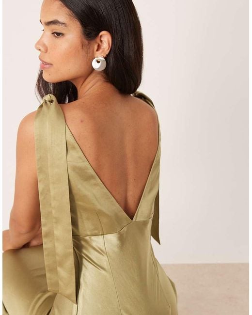 Pretty Lavish Natural Bridesmaid Piper Satin Bow Shoulders V-neck Maxi Dress