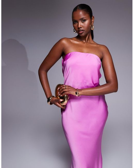 ASOS Pink Satin Trapeze Bandeau Maxi Dress With Bow Back Detail