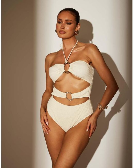 South Beach Brown Textured Ring Detail Halter Swimsuit