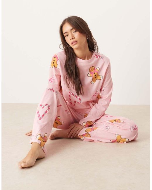 ASOS Pink Gingerbread & Candy Cane Long Sleeve Top & Trouser Pyjama Set