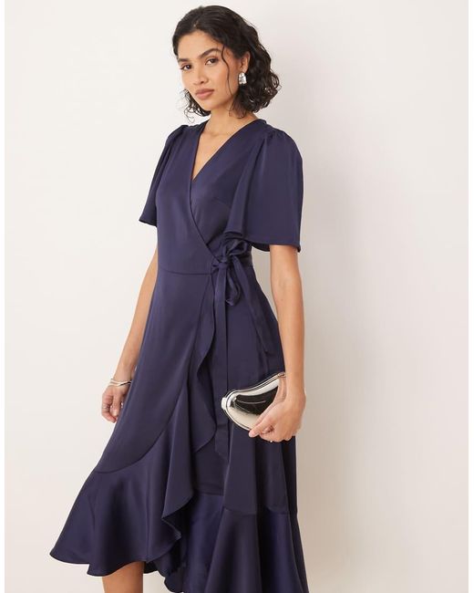 Y.A.S Blue Satin Midi Wrap Dress