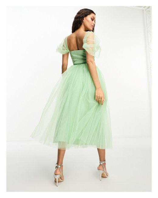 LACE & BEADS Green Ruched Tulle Midaxi Dress