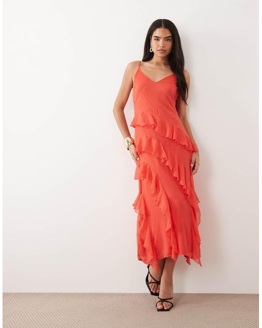 Vero Moda Red Smilla Chiffon Cami Ruffle Detail Midi Dress