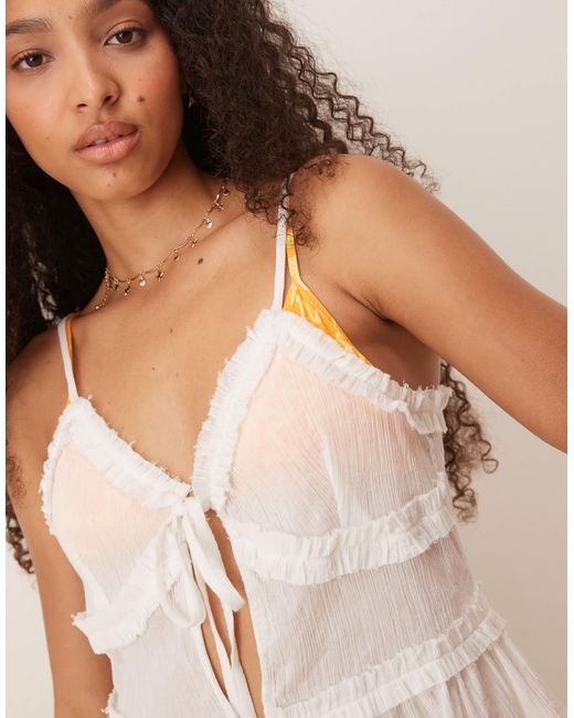 ASOS Natural Crinkle Ruffle Detail Tie Front Crop Beach Top