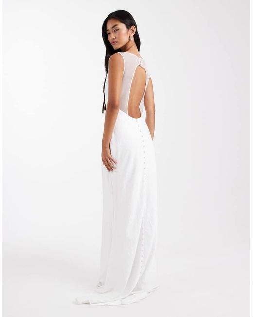 Six Stories White Bridal Satin Maxi Dress With Mesh Keyhole Back And Button Detail