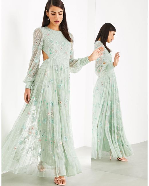 ASOS Green Floral Embellished Maxi Dress With Cut Out Back