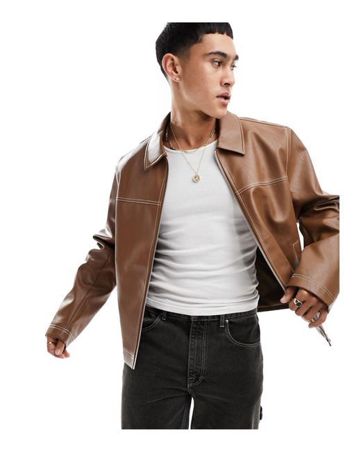 ASOS Oversized Faux Leather Harrington Jacket in Brown for Men Lyst
