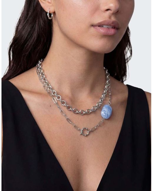 TOPSHOP White Oakley Stainless Steel Multi Chain Necklace With Blue Stone