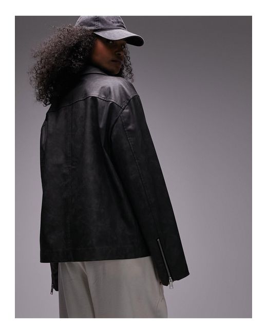 TOPSHOP Gray Faux Leather Centre Front Zip Jacket