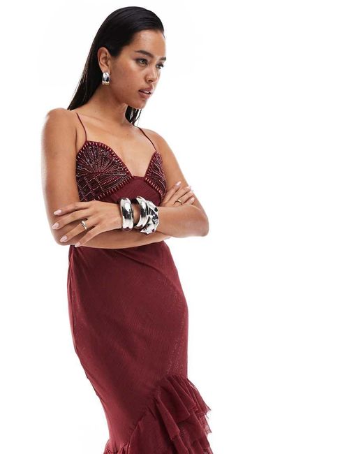 ASOS Red Halter Maxi Dress With Embellished Bodice And Ruffle Hem Detail