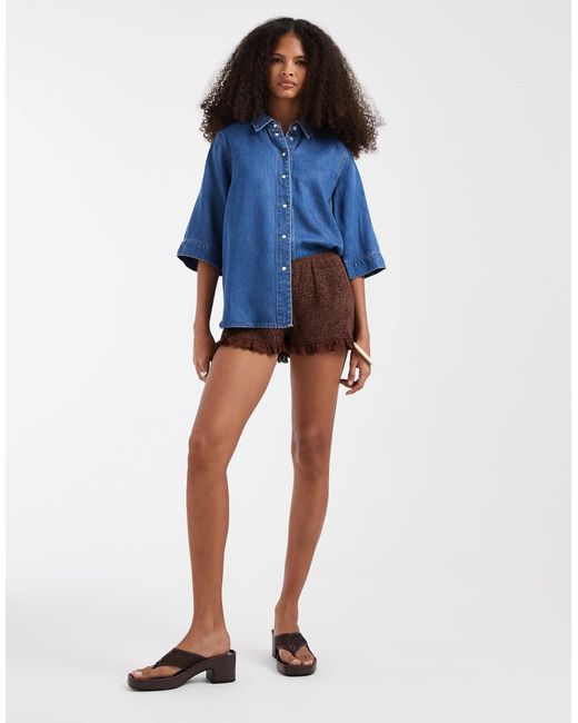 Object Blue Button Down 2/4 Sleeve Top