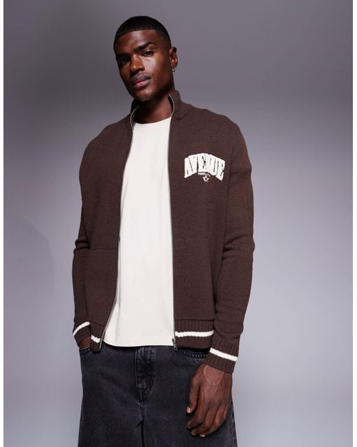 ASOS Brown Relaxed Knitted Zip Through Track Jacket With Marseille Print for men