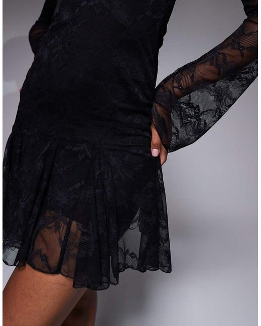 Kaiia Black Exclusive Double Layered Slinky Lace Square Neck Godet Hem Detail Mini Dress