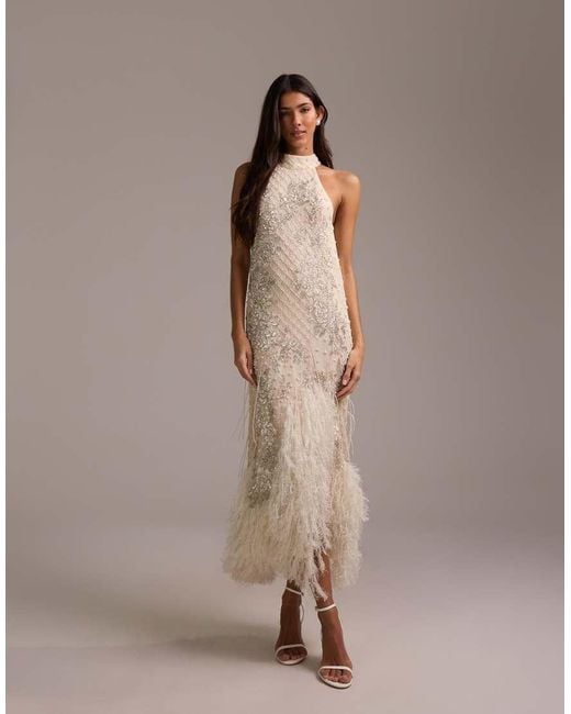 ASOS Brown Floral Embellished Halter Maxi Wedding Dress With Fringe Hem