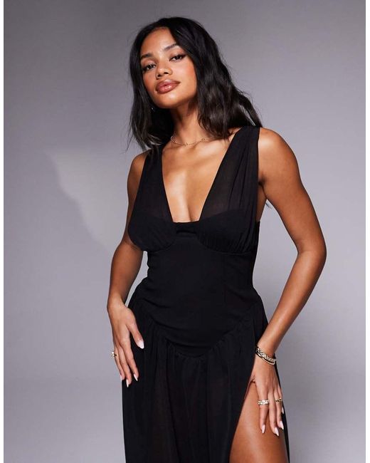 ASOS Black Plunge Stretch Chiffon Midi Dress With Scuba Bodice