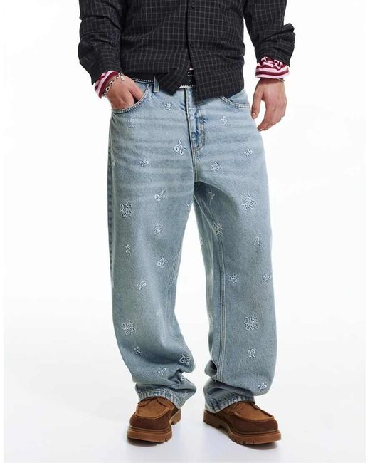 Pull&Bear Blue Stwd Embroidered baggy Jeans for men