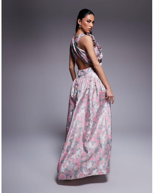 Robe longue à fleurs en jacquard avec décolleté plongeant et taille basse - imprimé à petites fleurs ASOS en coloris Purple