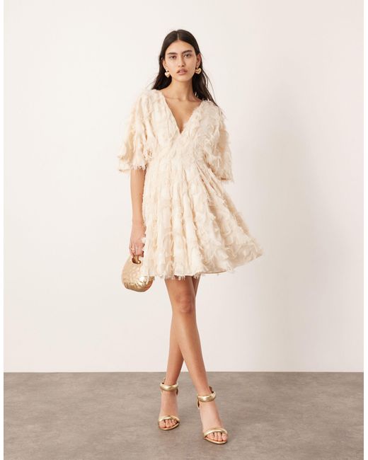 ASOS Natural Textured Cinched Pleat Waist Mini Dress