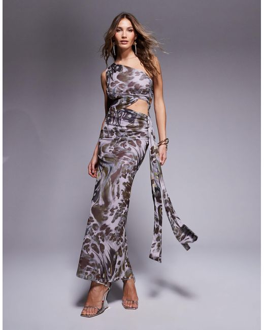 ASOS Purple – midikleid aus mesh mit abstraktem wirbelprint, asymmetrischem one-shoulder-träger und langen bindeband