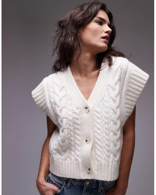 TOPSHOP White Knitted Oversized Cable Waistcoat