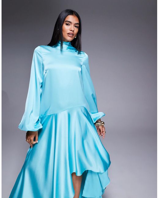ASOS Blue Asos Archive Satin Maxi Dress With Dropped Waist And Scarf Detail