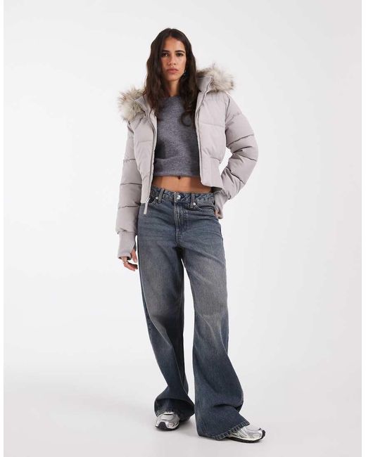 Hollister Gray Cropped Nylon Puffer Jacket With Faux Fur Hood