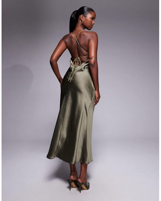 ASOS Brown Satin Bias Cut Cami Midi Dress With Contrast Tie Detail