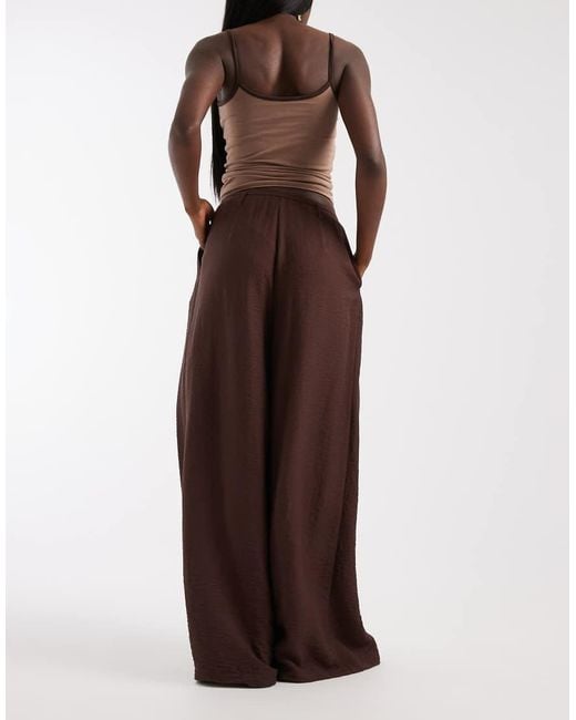 ASOS Brown Textured Wide Leg Trousers With Tie Waist