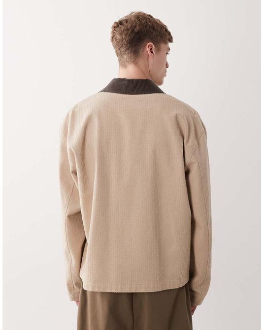 ASOS Natural Oversized Cotton Textured Harrington With Faux Leather Collar for men